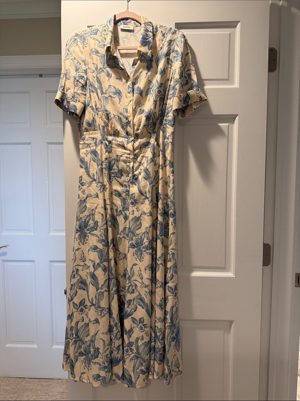 SANDRO Floral  Button-Front Midi Dress in Cream and Blue